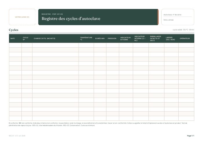 Registre des cycles d'autoclave